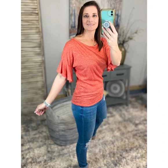 ❤️‍🔥Boat Neck Short Ruffle Bell Dolman Sleeve Top Coral 0922 - Picture 9 of 14